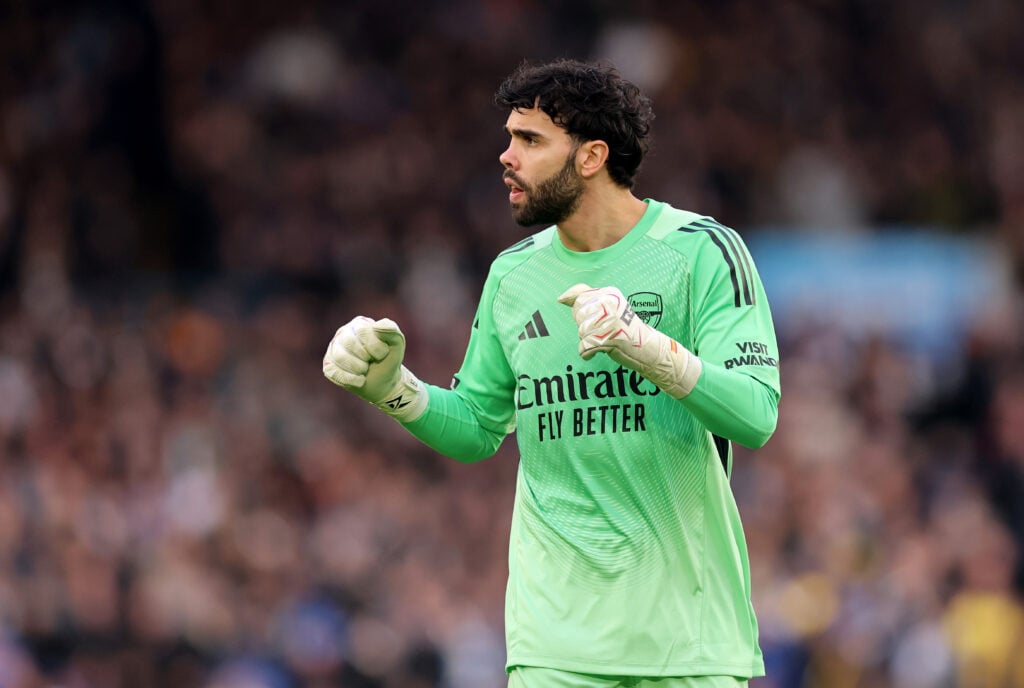 David Raya celebrates during an Arsenal game