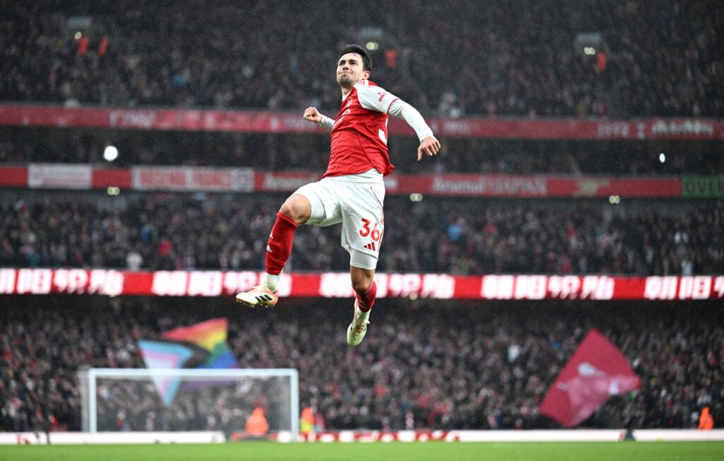 Martin Zubimendi celebrates his goal for Arsenal vs Sunderland