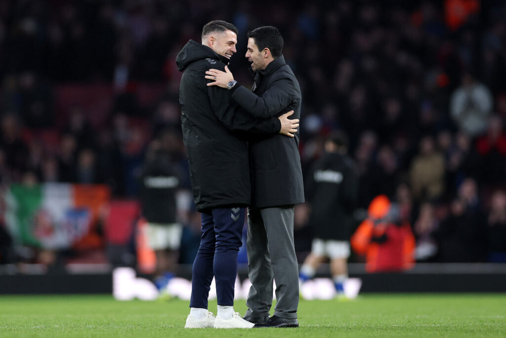 Granit Xhaka and Mikel Arteta embrace after Arsenal vs Sunderland