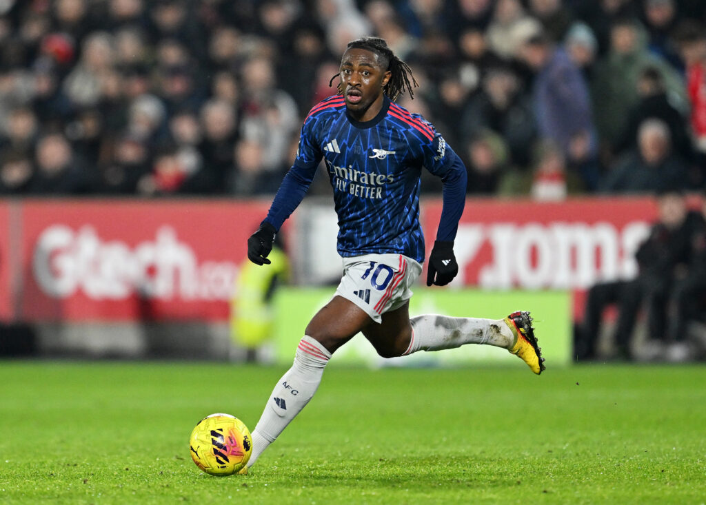 Eberechi Eze in action for Arsenal against Brentford