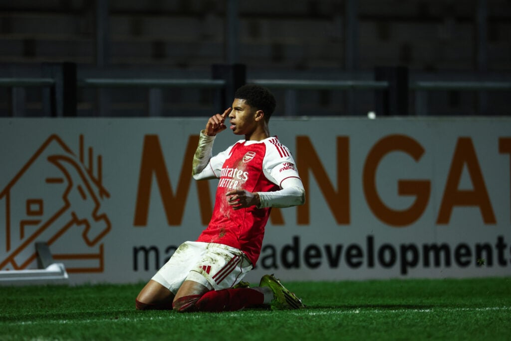 Andre Harriman-Annous celebrates after scoring for the Arsenal u21s