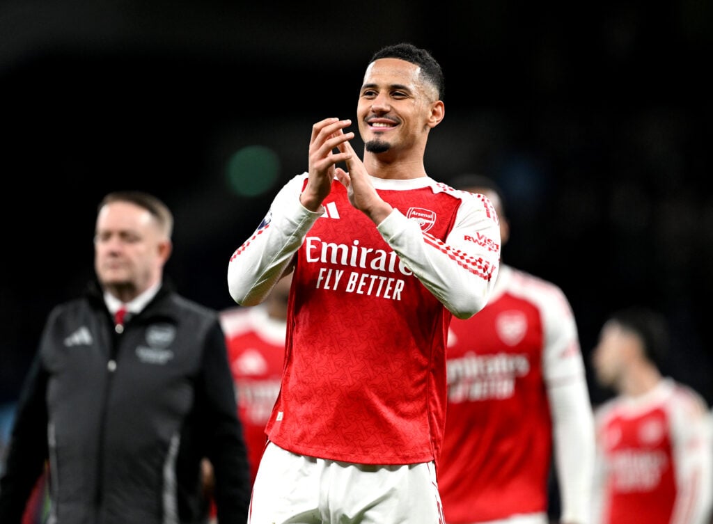 William Saliba celebrates after helping Arsenal beat Tottenham