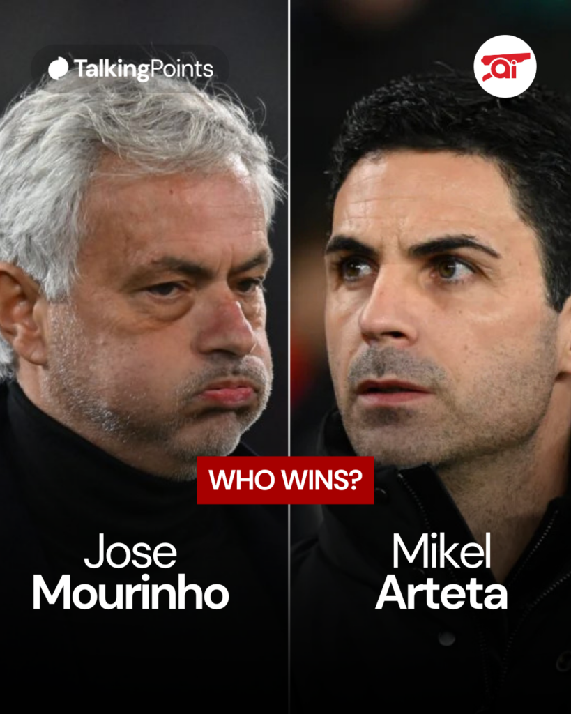 Split image of Jose Mourinho and Mikel Arteta on the touchline during games, overlaid a question - Who wins?