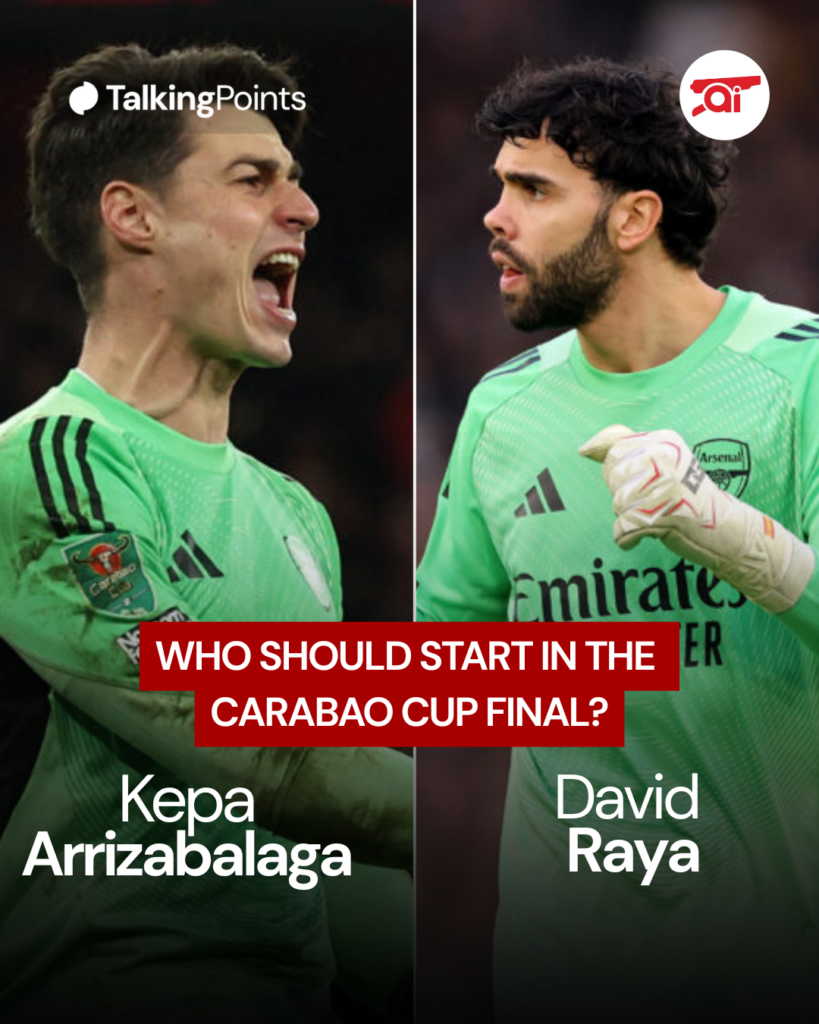 Split image of Kepa Arrizabalaga and David Raya, overlaid a question - Who should start in the Carabao Cup final