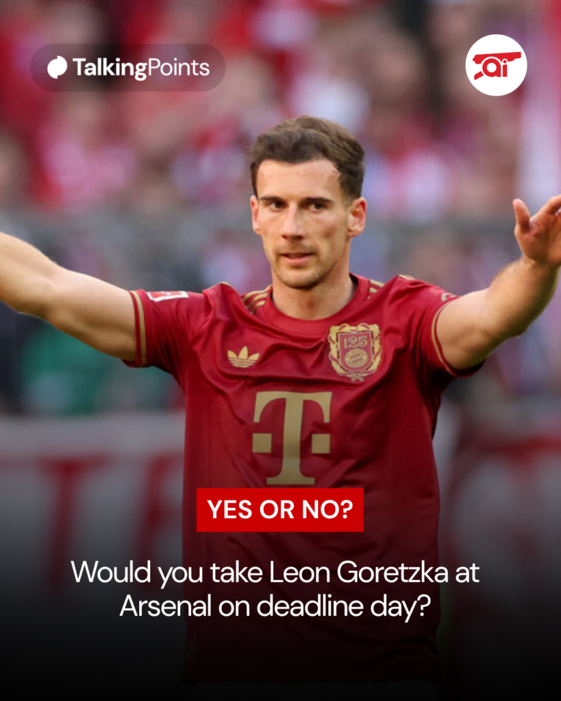 Leon Goretzka in action for Bayern Munich, overlaid a question for Arsenal fans if they would like to sign him