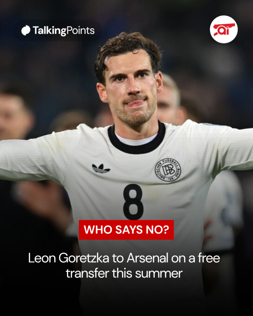 Image of Leon Goretzka celebrating after a Germany game, overlaid a question asking Arsenal fans if they would take him in the summer