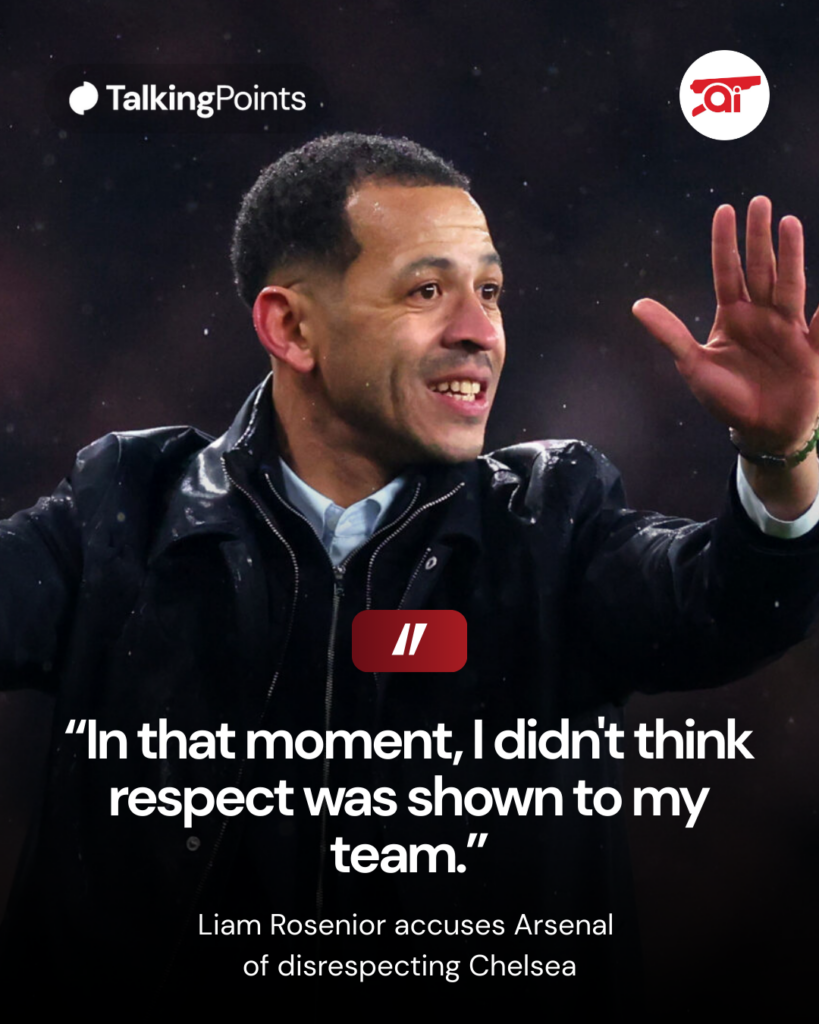 Image of Liam Rosenior on the touchline during a Chelsea game, overlaid his quote accusing Arsenal of direspecting Chelsea