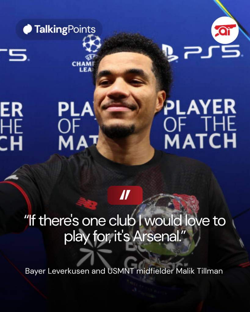Malik Tillman poses with the Champions League Player of the Match award after a Bayer Leverkusen game, overlaid his quote on Arsenal