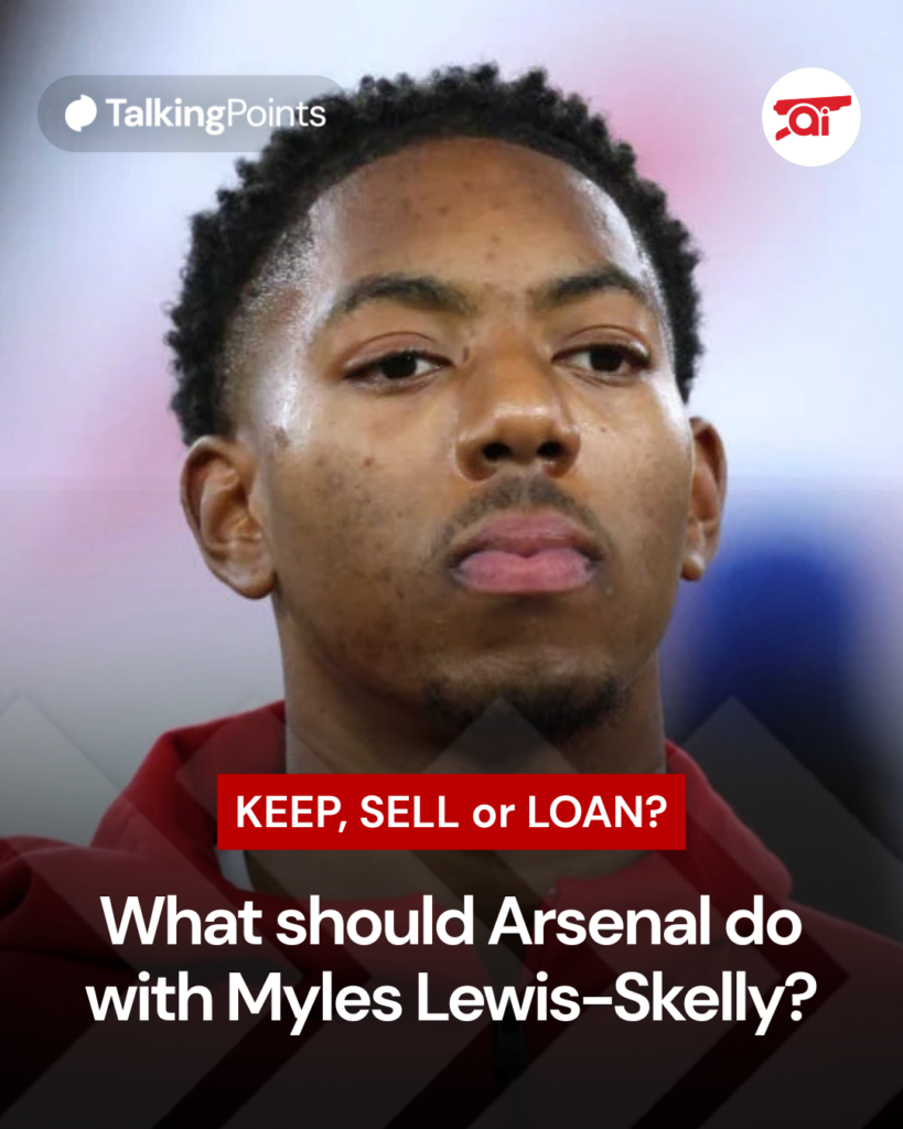 Image of Myles Lewis-Skelly looking on before an Arsenal game, along with a question to Arsenal fans about his future