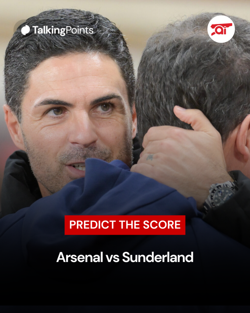 Image of Mikel Arteta hugging Regis Le Bris before Sunderland vs Arsenal, overlaid a 'Predict the score' call to action ahead of Arsenal vs Sunderland