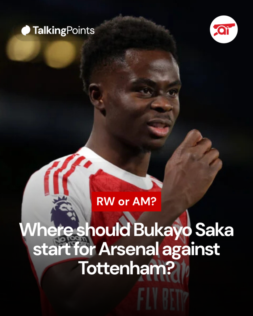 Image of Bukayo Saka looking on during an Arsenal game, overlaid a question about his position for the North London Derby