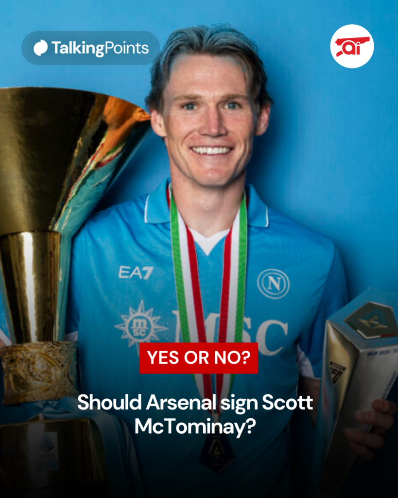 Scott McTominay poses with two trophies at Napoli, overlaid a Yes or No question asking Arsenal fans if they would take him at the club