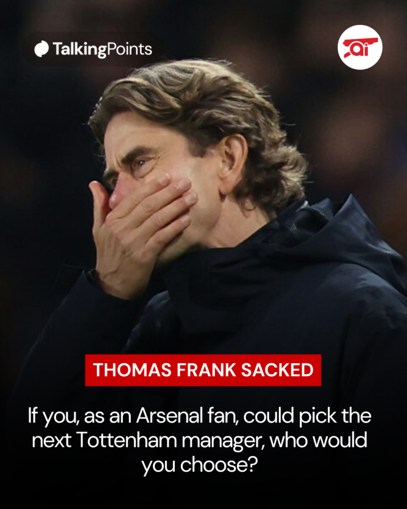 Image of Thomas Frank looking dejected, overlaid a question about him to Arsenal fans