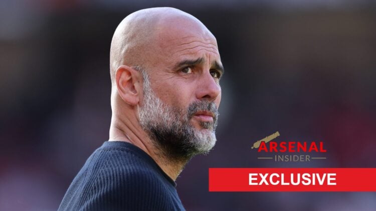 Image of Pep Guardiola looking on during a Manchester City game, overlaid an Arsenal Insider Exclusive banner