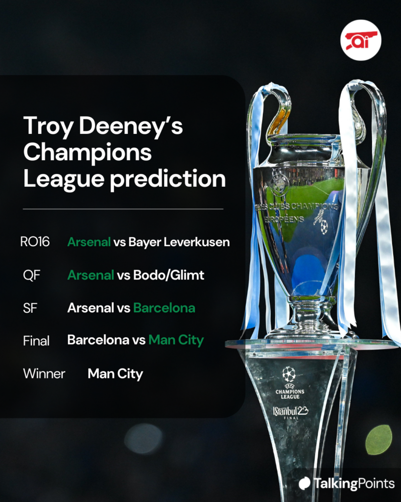 A graphic presenting Troy Deeney's prediction for Arsenal in the 2025/26 Champions League.