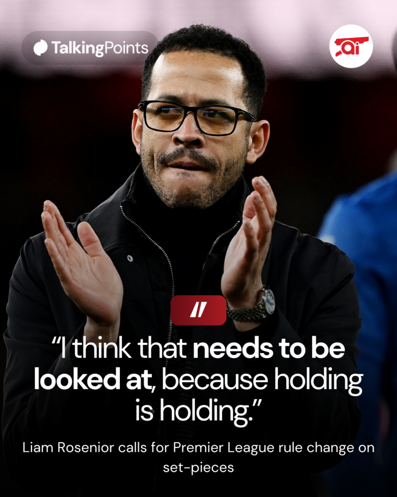 Graphic including an image of Liam Rosenior including the Chelsea manager's quotes on a set-piece rule change in the Premier League.