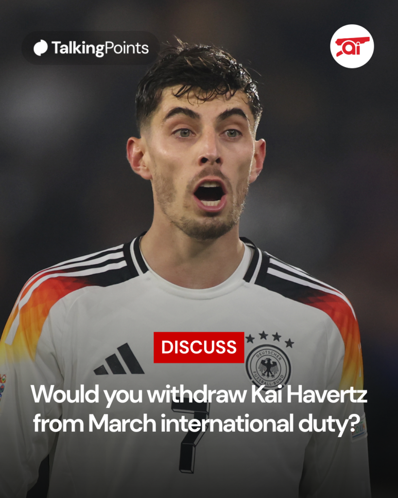 A graphic of Kai Havertz representing Germany asking Arsenal fans if they would withdraw the striker from duty.