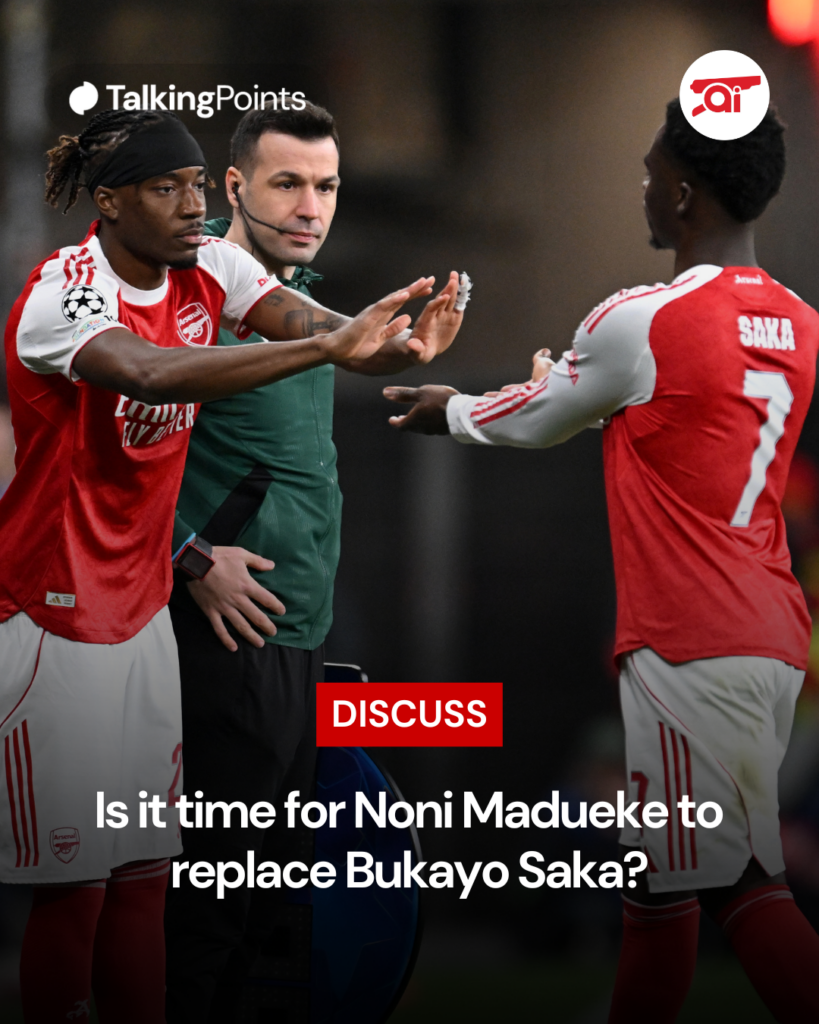 A graphic of Bukayo Saka and Noni Madueke asking Arsenal fans if Madueke should replace Saka.