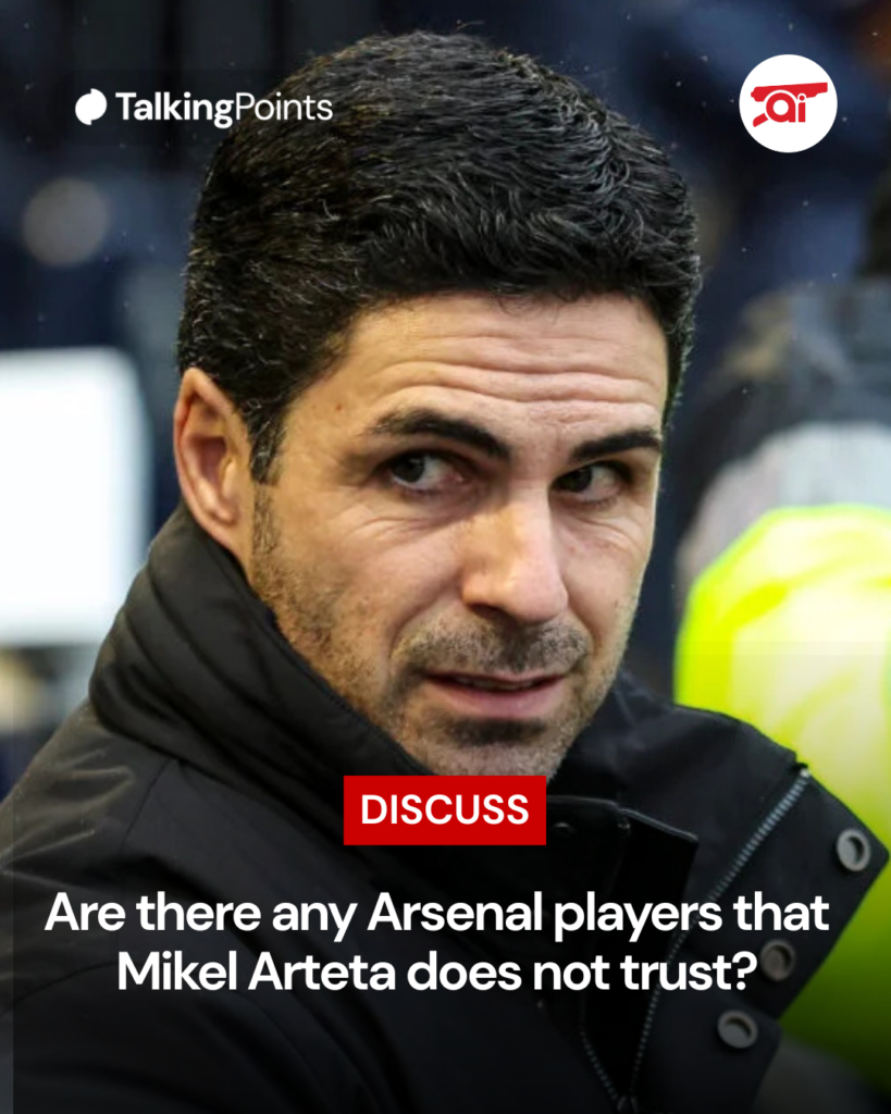 Image of Mikel Arteta looking on during an Arsenal game, overlaid a question asking fans if he trusts all of his players