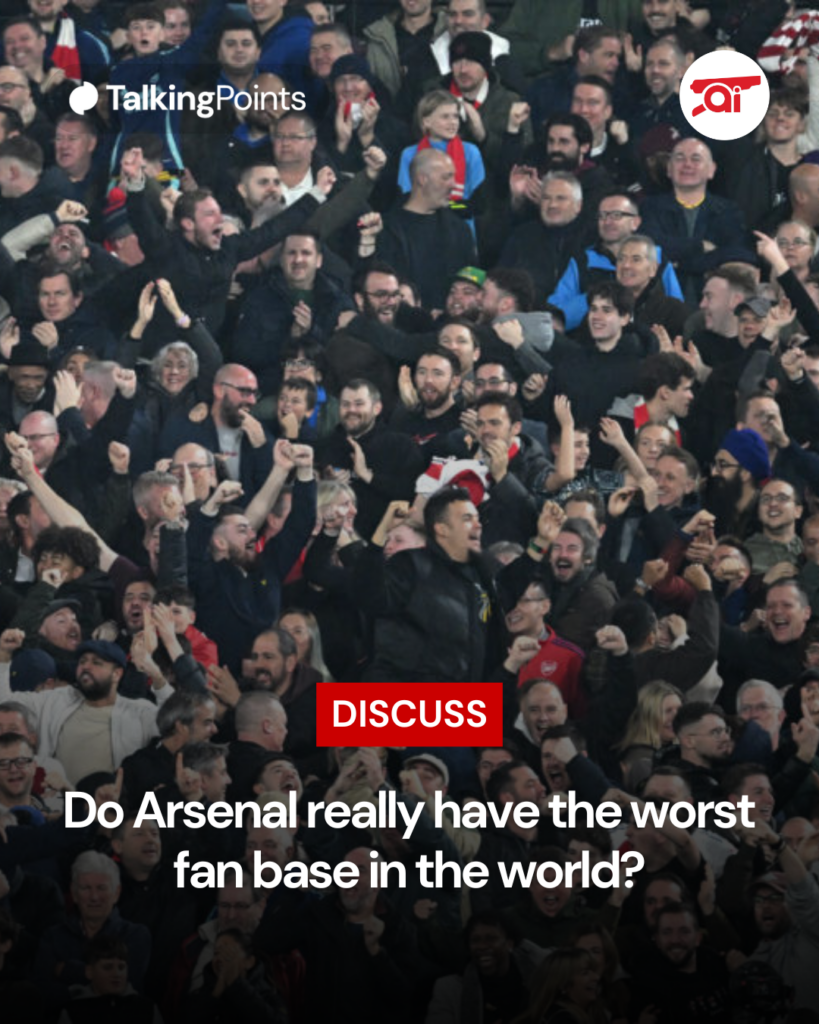 Image of Arsenal fans celebrating, overlaid a question asking if the Gunners have the worst supporters in the world