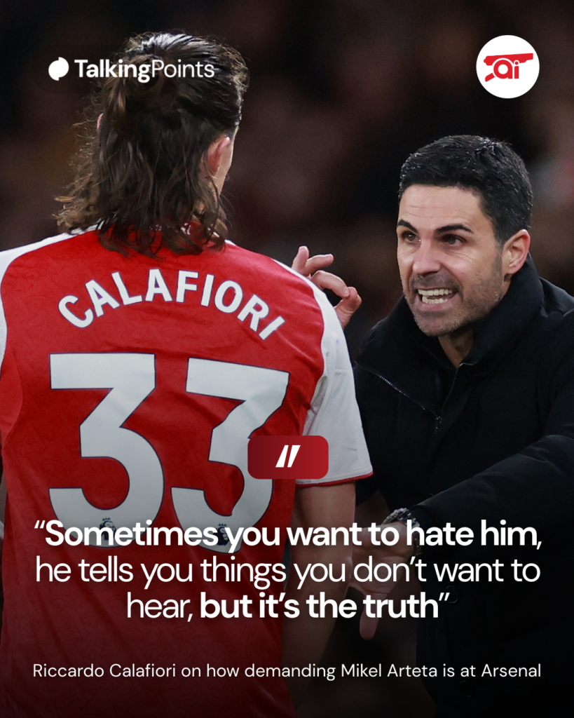 A graphic showing Riccardo Calafiori's comment about how demanding Mikel Arteta is.