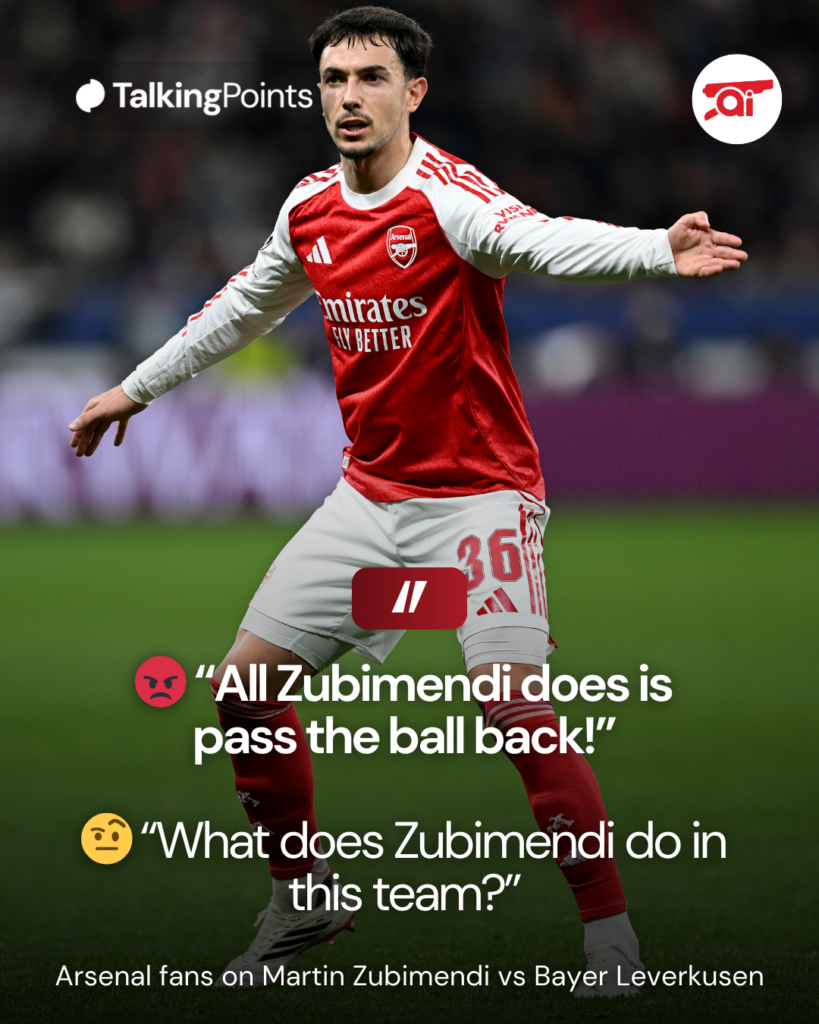 A graphic of Martin Zubimendi including Arsenal fan comments on his performance against Bayer Leverkusen.