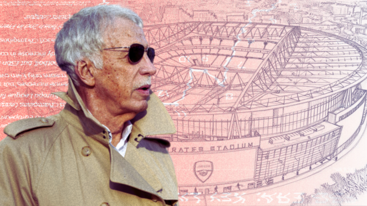 Abstract Arsenal cover art featuring Stan Kroenke and the Emirates Stadium with financial imagery