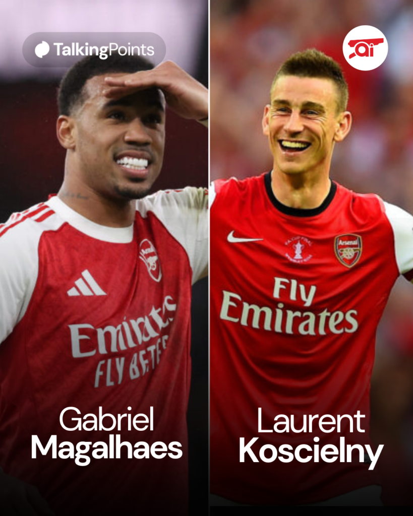 Split image of Gabriel Magalhaes and Laurent Koscielny after Arsenal game