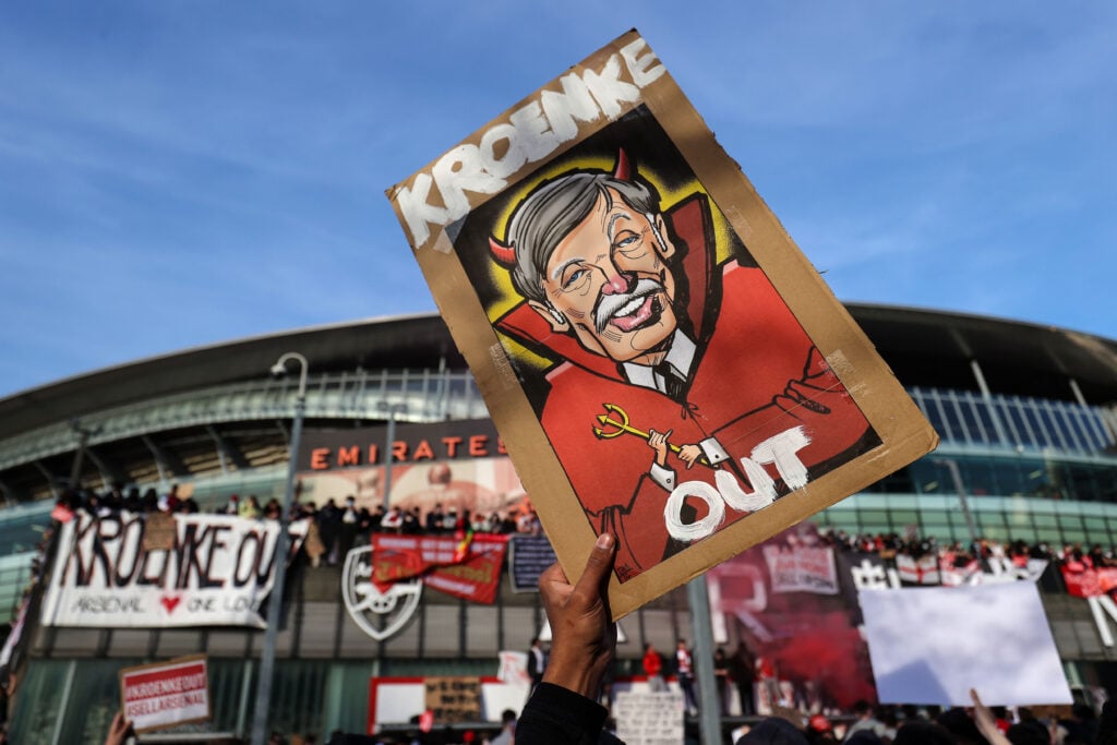 Arsenal fans protest for Kroenke Out at The Emirates ahead of the Premier League match between Arsenal and Everton at Emirates Stadium on April 23, 2021 in London, United Kingdom. Sporting stadiums around the UK remain under strict restrictions due to the Coronavirus Pandemic as Government social distancing laws prohibit fans inside venues resulting in games being played behind closed doors.