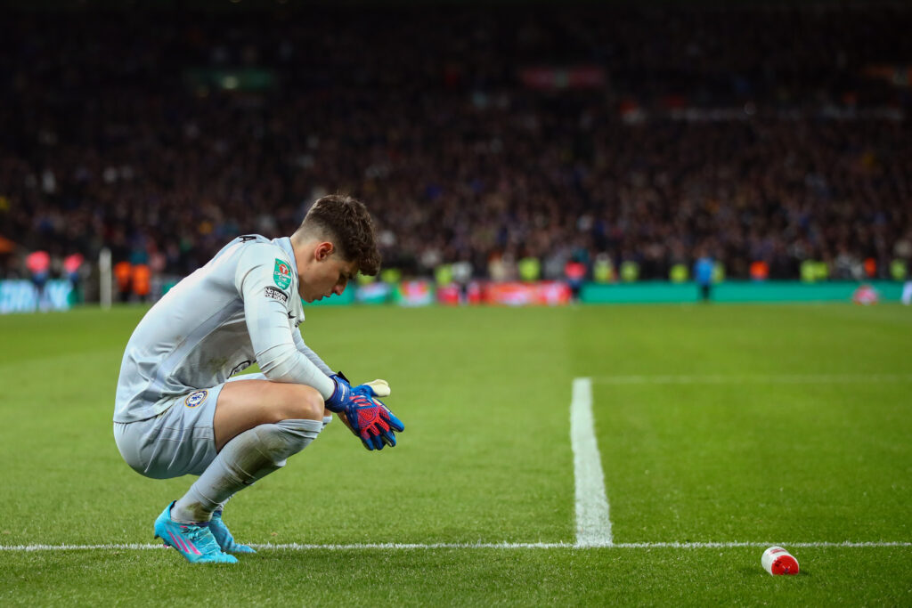 Kepa Arrizabalaga looking dejected during the Carabao cup final between Liverpool and Chelsea in 2022