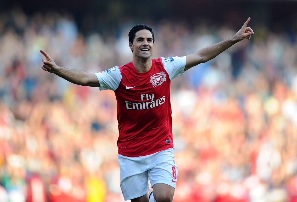Mikel Arteta celebrates after scoring for Arsenal