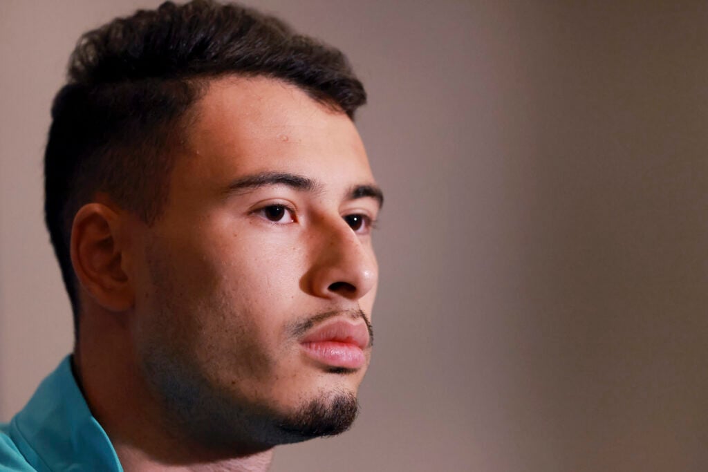 Gabriel Martinelli looking on during a Brazil press conference
