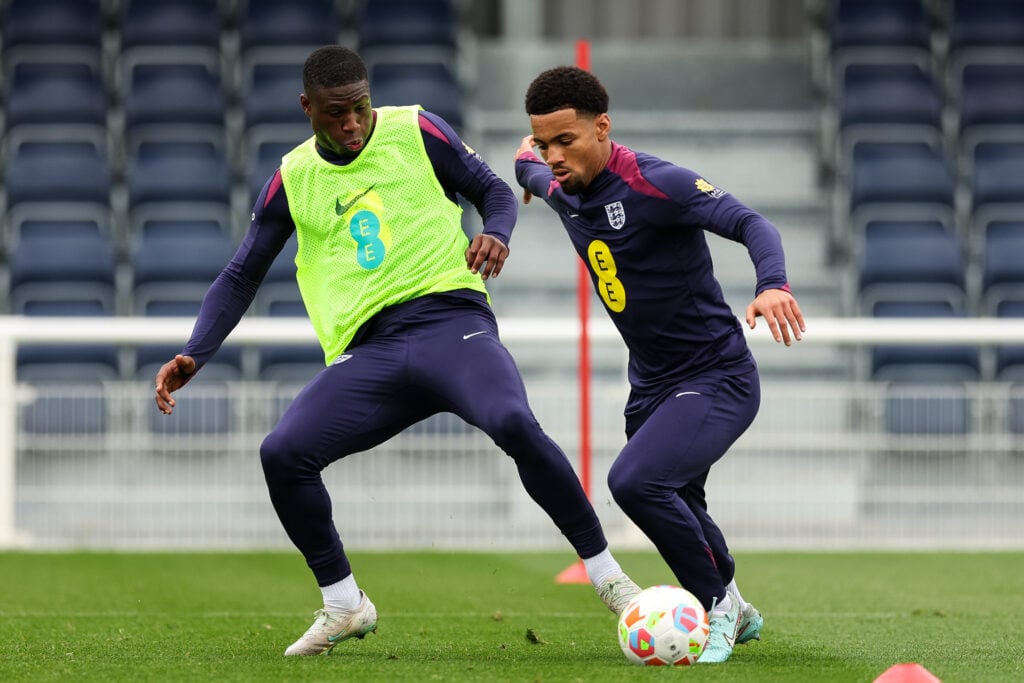 Thierry Small and Ethan Nwaneri during England U21 Men Training at St Georges Park.