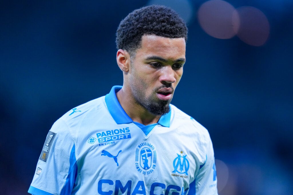 Ethan Nwaneri of Olympique de Marseille looks on during the Ligue 1 McDonald's match between Paris FC and Olympique de Marseille at Stade Jean Bouin.