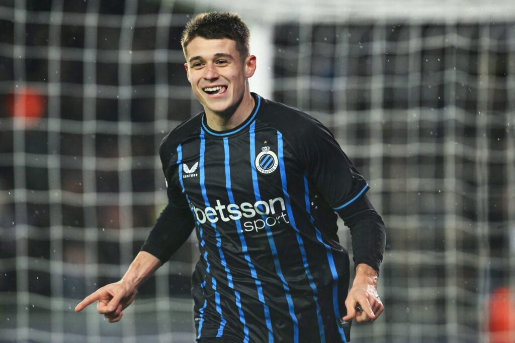Nicolo Tresoldi celebrates after scoring for Club Brugge