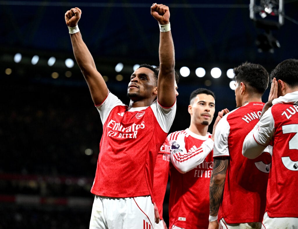 Jurrien Timber celebrates after scoring for Arsenal vs Chelsea