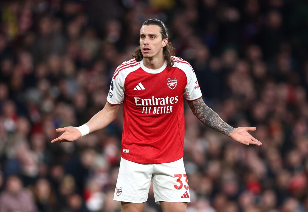 Riccardo Calafiori reacts during an Arsenal game