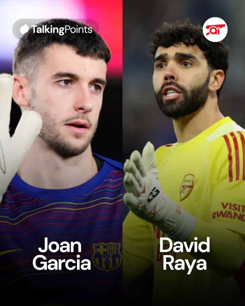 Split image of Joan Garcia and David Raya in action for Barcelona and Arsenal