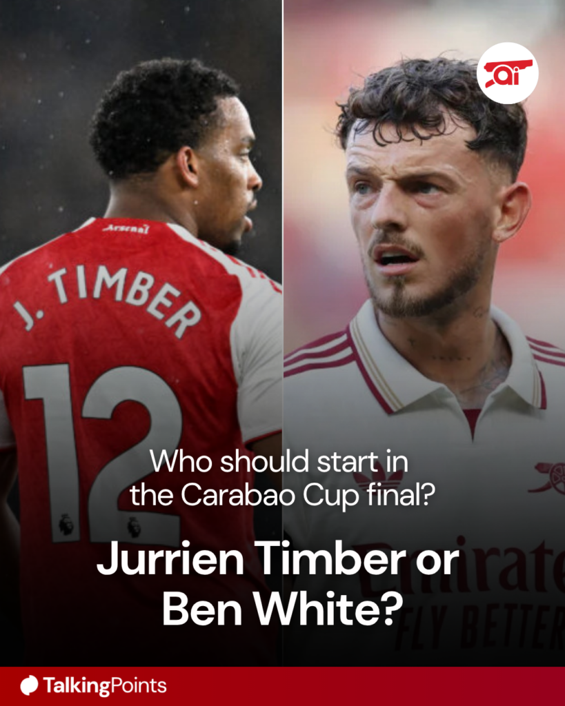 Split image of Jurrien Timber or Ben White during Arsenal games, overlaid a question on which of them should start in the Carabao Cup final