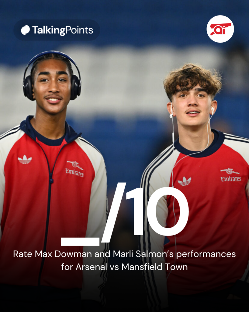 Image of Marli Salmon and Max Dowman looking on before an Arsenal game, overlaid a fill in the blank style prompt to fans, asking them to rate the two youngsters' performance vs Mansfield Town in the FA Cup