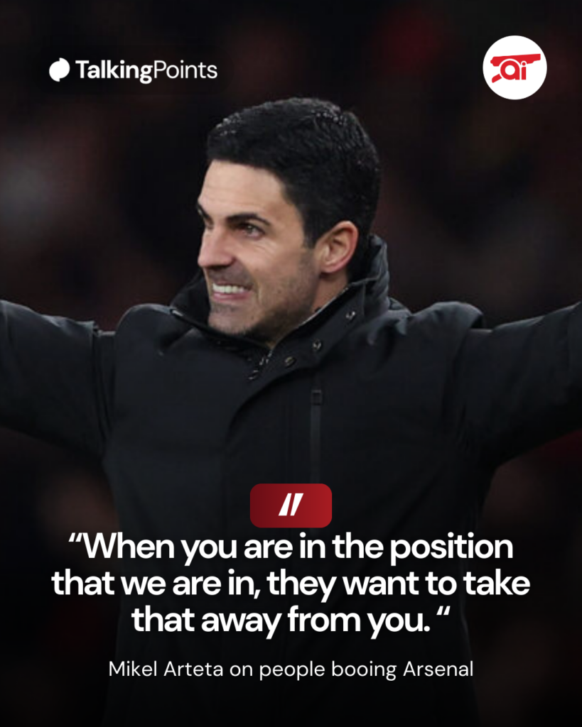 Image of Mikel Arteta reacting on the touchline during an Arsenal game, overlaid his quotes on why his players are getting booed