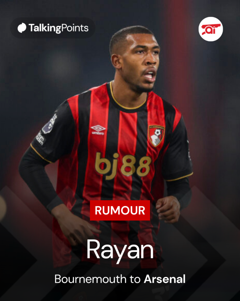Image of Rayan of Bournemouth in action during a Premier League game, overlaid a rumour about Arsenal's interest in him