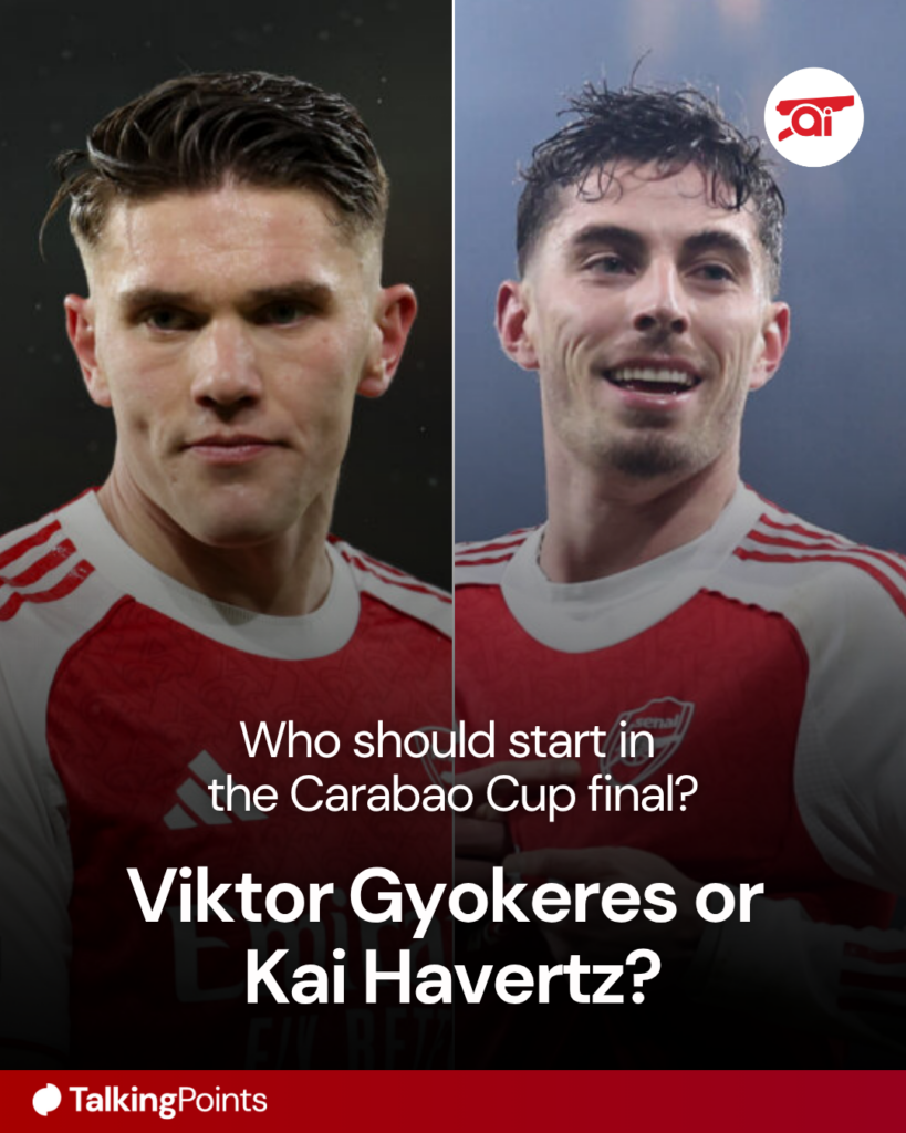 Split image of Viktor Gyokeres and Kai Havertz during Arsenal games, overlaid a question on which of them should start in the Carabao Cup final