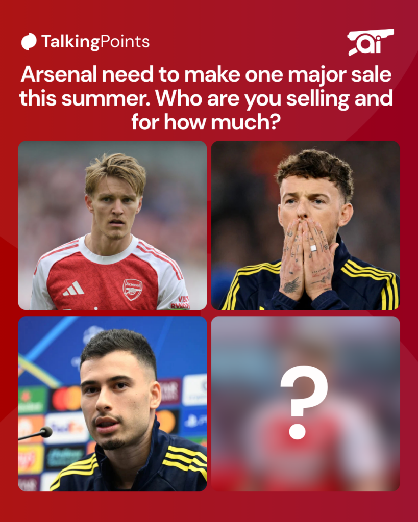 A discussion point created using TalkingPoints with images of Martin Odegaard, Ben White and Gabriel Martinelli and a question asking who Arsenal should sell