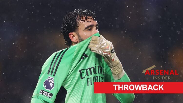 Image of David Raya looking dejected during an Arsenal game, overlaid a throwback banner and the Arsenal Insider site logo