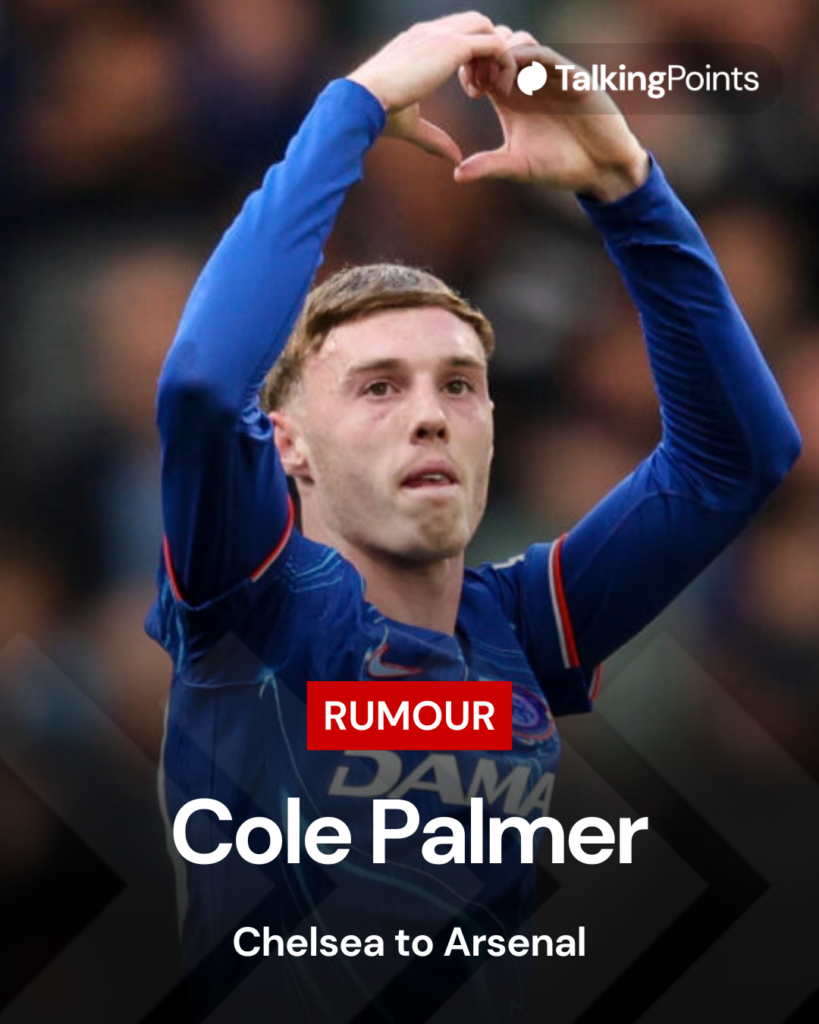 Image of Cole Palmer celebrating a Chelsea goal, overlaid a rumour linking him to Arsenal