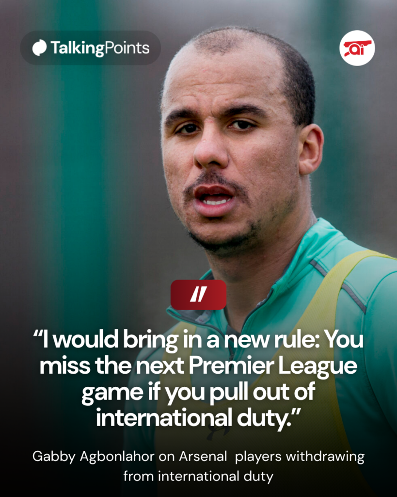 Image of Gabby Agbonlahor in training, overlaid his quote reacting to Arsenal players pulling out of international duty