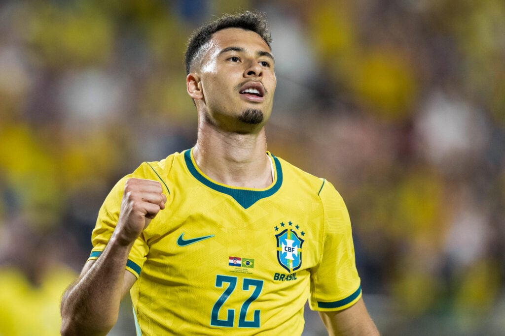 Gabriel Martinelli celebrates after scoring for Brazil