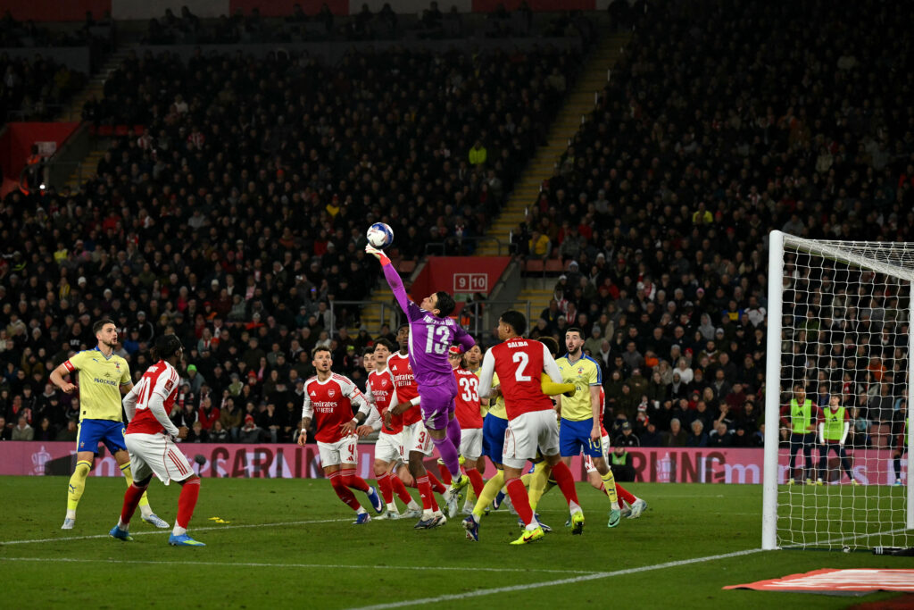 Kepa Arrizabalaga stretches for the ball during an Arsenal game vs Southampton
