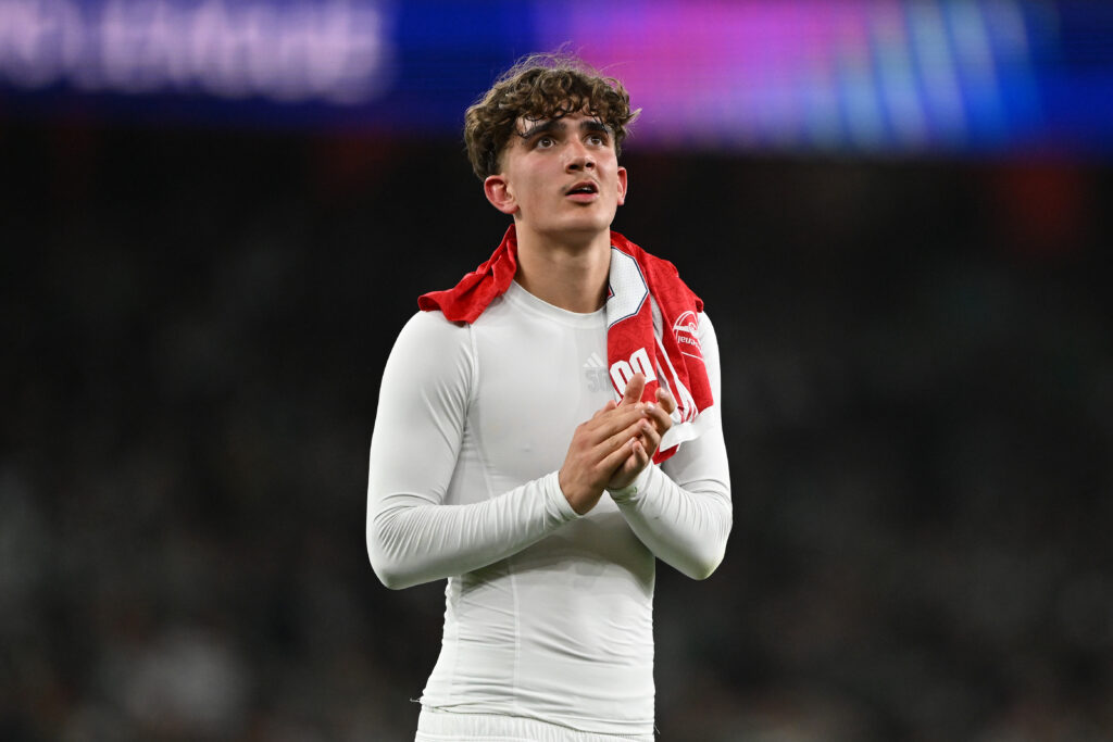 Max Dowman applauds the fans after Arsenal vs Sporting CP